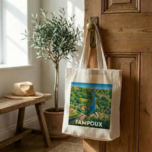 Tote bag souvenir de la ville de Fampoux avec une illustration stylisée de ses paysages.
