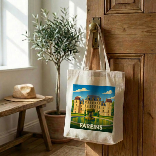 Tote bag souvenir de la ville de Fareins avec une illustration stylisée de son château.