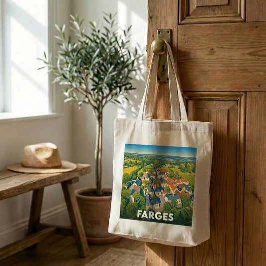 Tote bag souvenir de la ville de Farges avec une illustration stylisée.