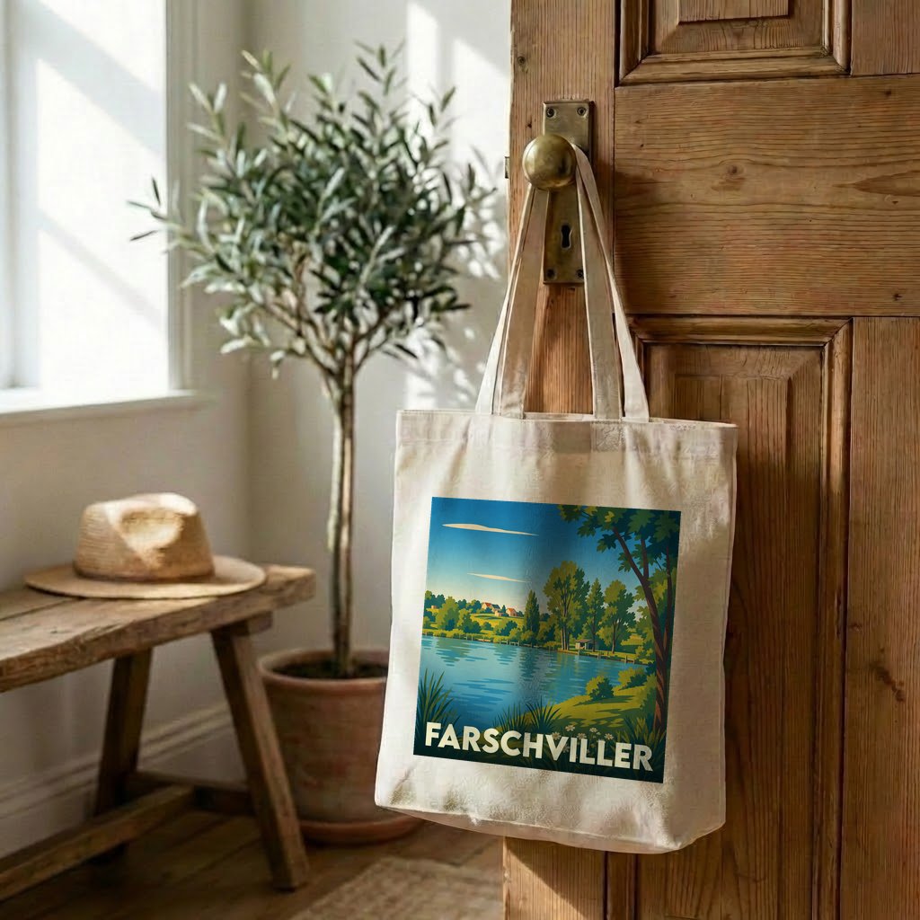 Tote bag souvenir de la ville de Farschviller avec une illustration de paysage lacustre.