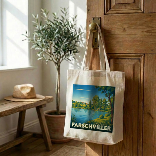 Tote bag souvenir de la ville de Farschviller avec une illustration de paysage lacustre.