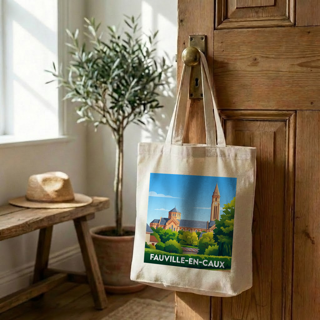 Tote bag souvenir de la ville de Fauville-en-Caux avec une illustration stylisée.