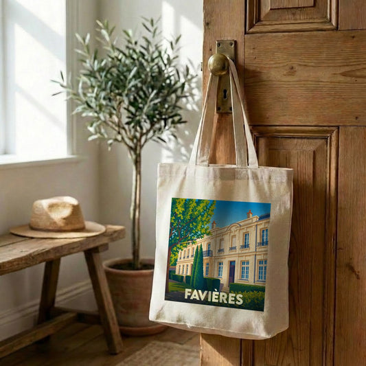 Tote bag souvenir de la ville de Favières avec une illustration stylisée.
