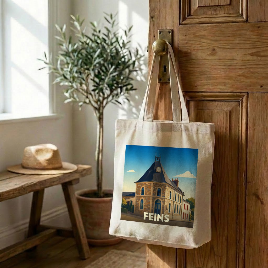Tote bag souvenir de la ville de Feins avec une illustration stylisée.
