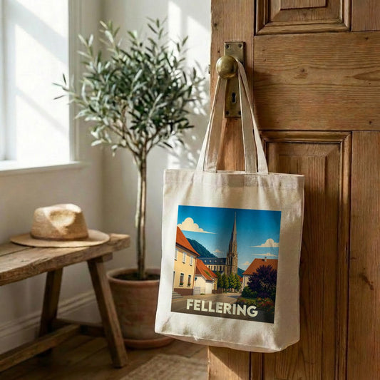 Tote bag souvenir de la ville de Fellering avec une illustration stylisée.