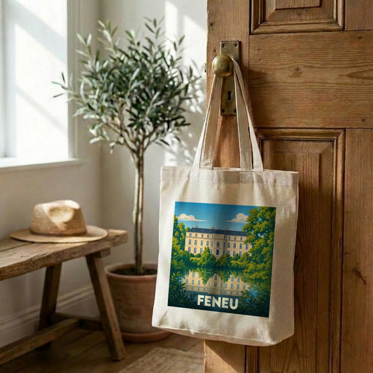Tote bag souvenir de la ville de Feneu avec une illustration stylisée d'un château se reflétant dans l'eau.