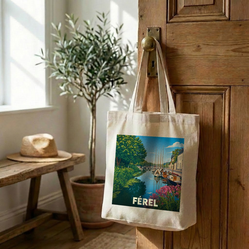 Tote bag souvenir de la ville de Férel avec une illustration stylisée.