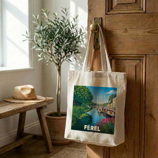 Tote bag souvenir de la ville de Férel avec une illustration stylisée.