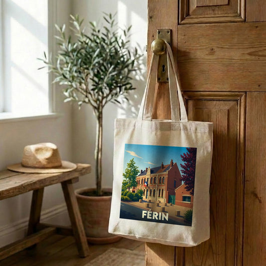 Tote bag souvenir de la ville de Férin avec une illustration stylisée.