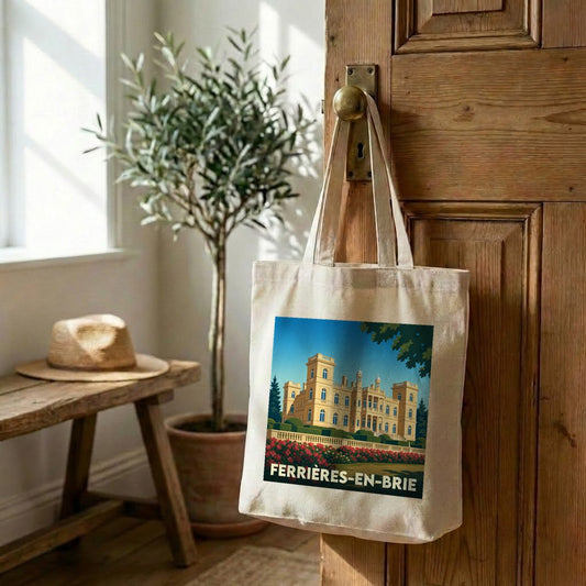 Tote bag souvenir de la ville de Ferrières-en-Brie avec une illustration stylisée de son château.