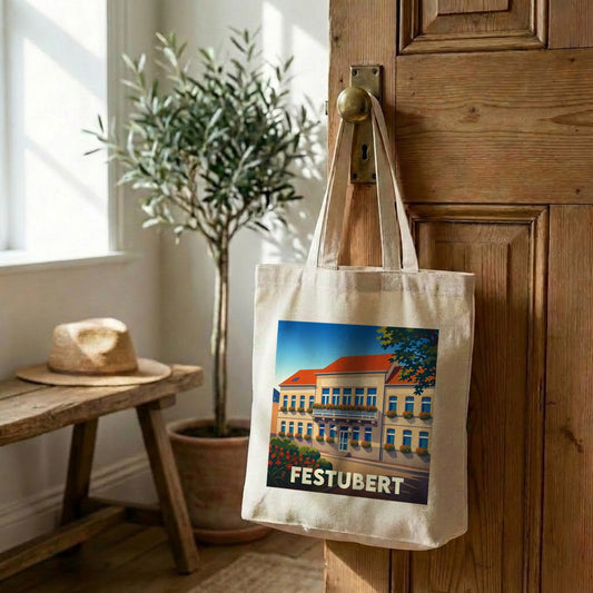 Tote bag souvenir de la ville de Festubert avec une illustration colorée et stylisée de l'architecture locale.