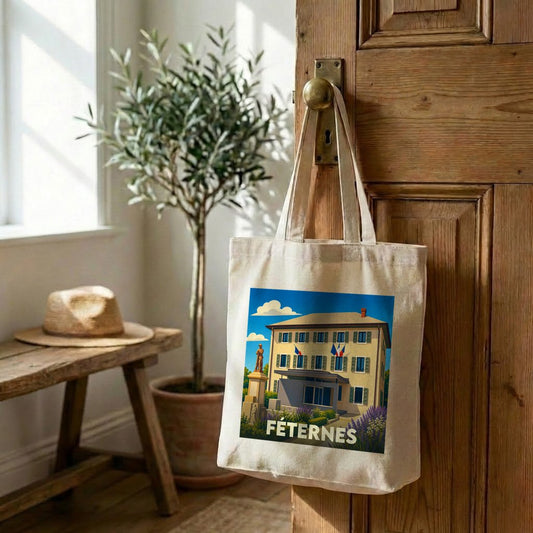Tote bag souvenir de la ville de Féternes avec une illustration stylisée.