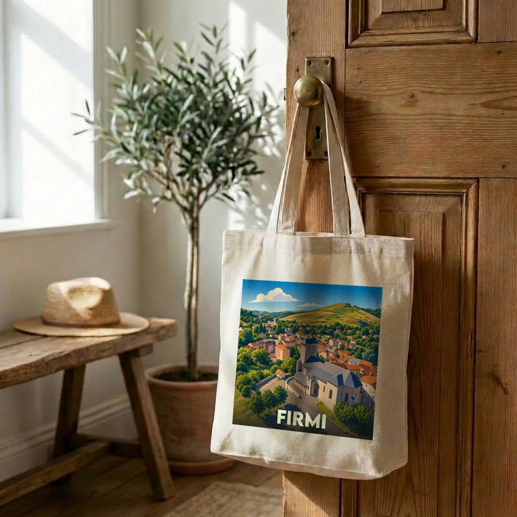 Tote bag souvenir de la ville de Firmi avec une illustration stylisée.