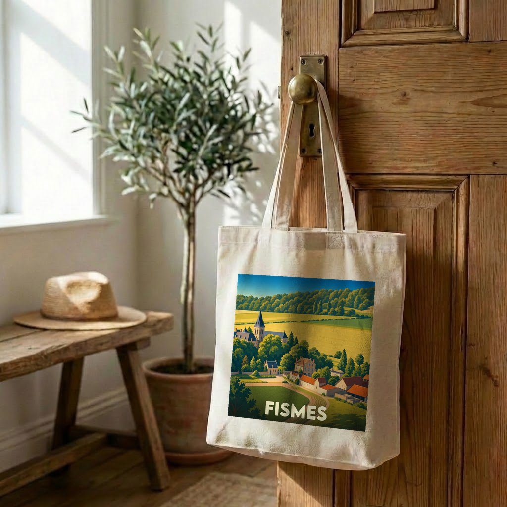 Tote bag souvenir de la ville de Fismes avec une illustration de paysage champêtre.