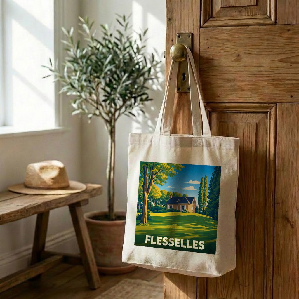 Tote bag souvenir de la ville de Flesselles avec une illustration paysagère stylisée.
