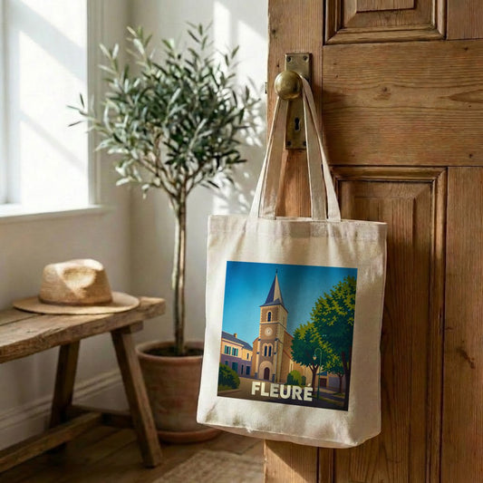 Tote bag souvenir de la ville de Fleuré avec une illustration stylisée.