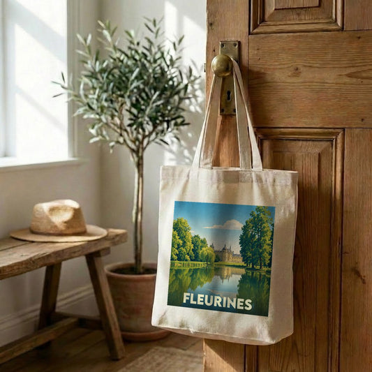 Tote bag souvenir de la ville de Fleurines avec une illustration de paysage bucolique.