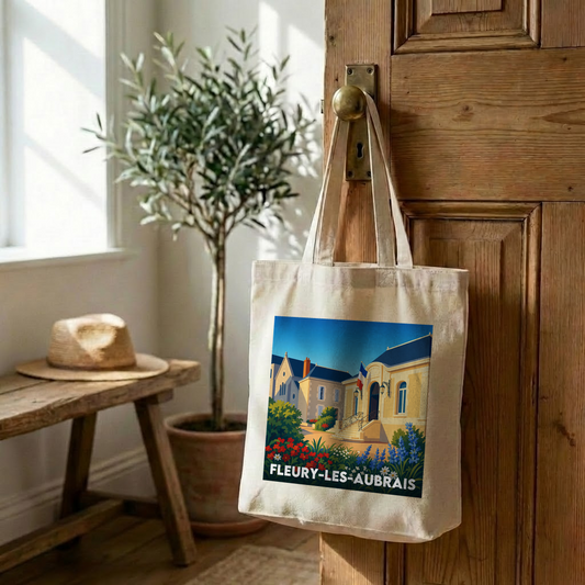 Tote bag souvenir de la ville de Fleury-les-Aubrais avec une illustration stylisée.