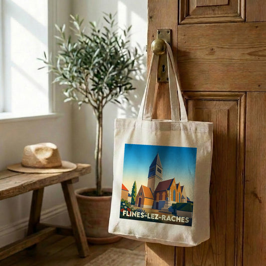 Sac cabas souvenir de Flines-lez-Raches avec une illustration stylisée de son église.