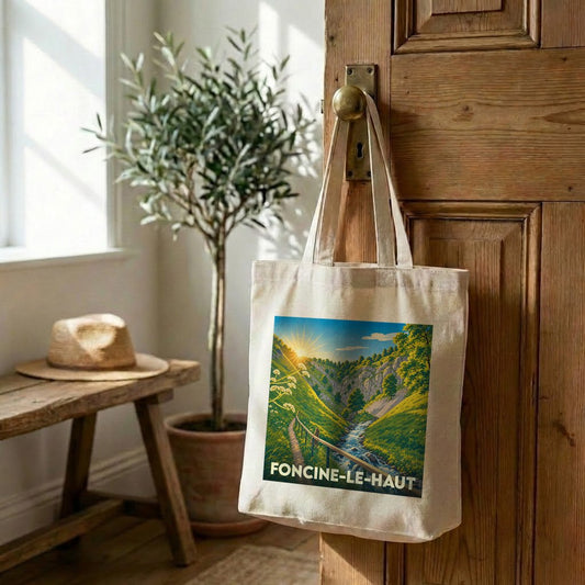 Tote bag souvenir de la ville de Foncine-le-Haut avec une illustration stylisée de paysage naturel.