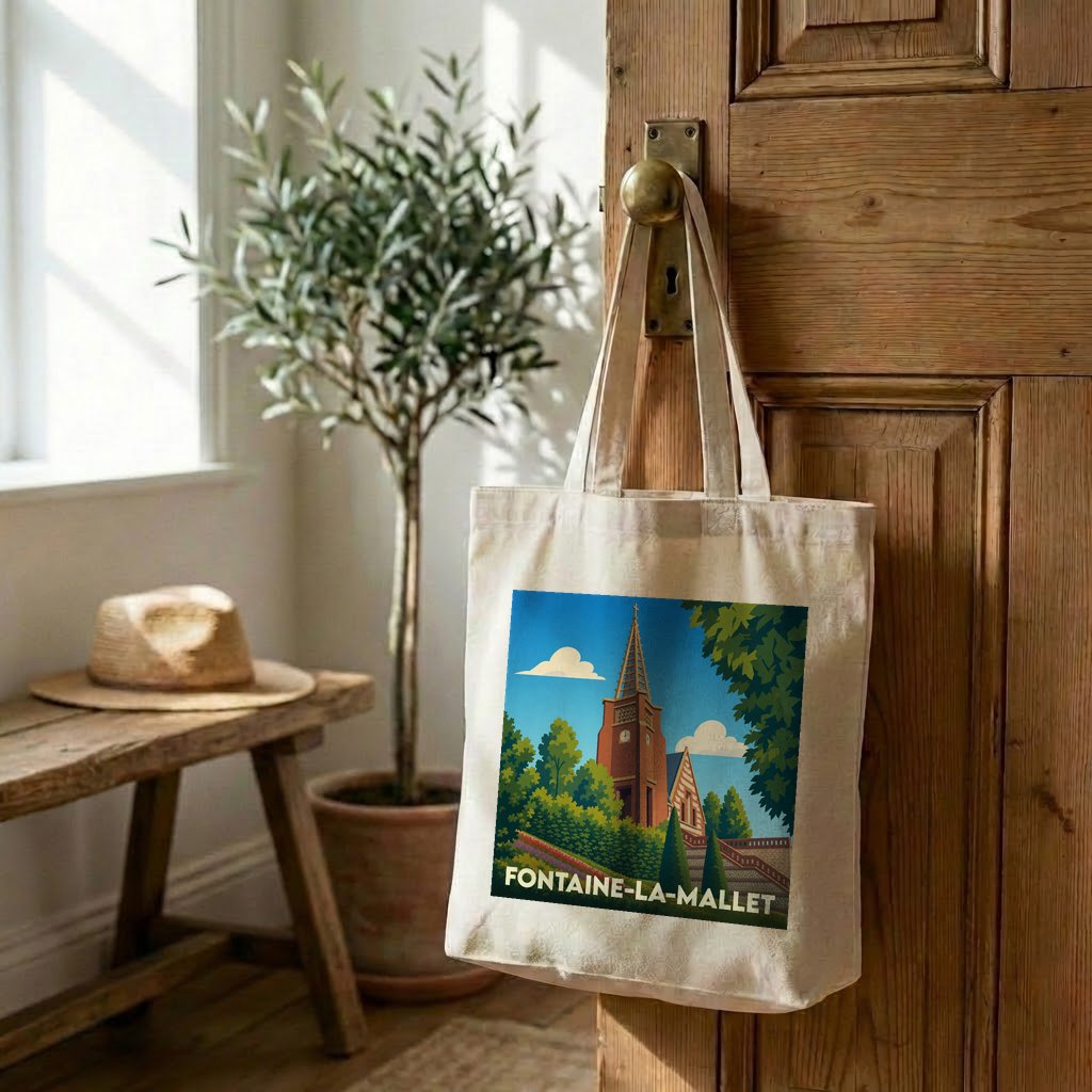 Sac cabas en tissu souvenir de Fontaine-la-Mallet avec une illustration stylisée de son église.