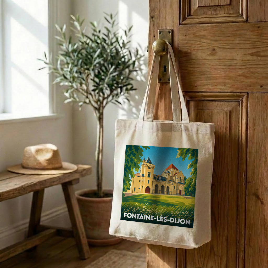 Tote bag souvenir de la ville de Fontaine-lès-Dijon avec une illustration stylisée.