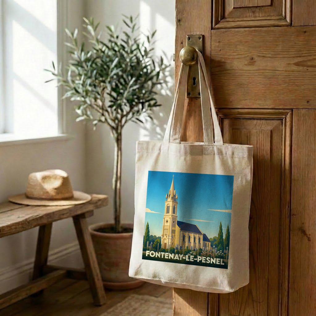 Tote bag souvenir de la ville de Fontenay-le-Pesnel avec une illustration stylisée de son église.