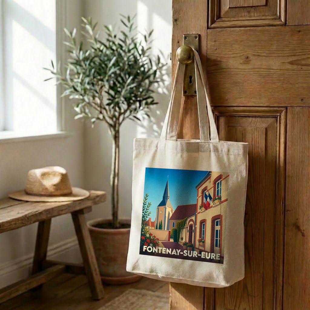 Tote bag souvenir de la ville de Fontenay-sur-Eure avec une illustration stylisée d'un paysage urbain.