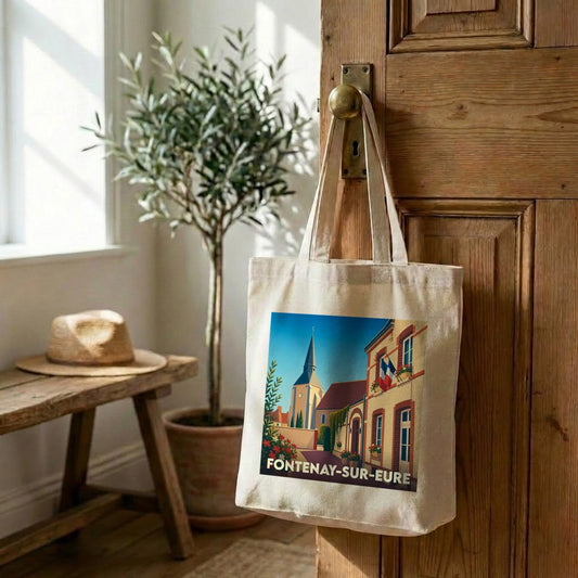 Tote bag souvenir de la ville de Fontenay-sur-Eure avec une illustration stylisée d'un paysage urbain.