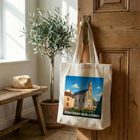 Tote bag souvenir de la ville de Fontenay-sur-Loing avec une illustration stylisée d'une église.