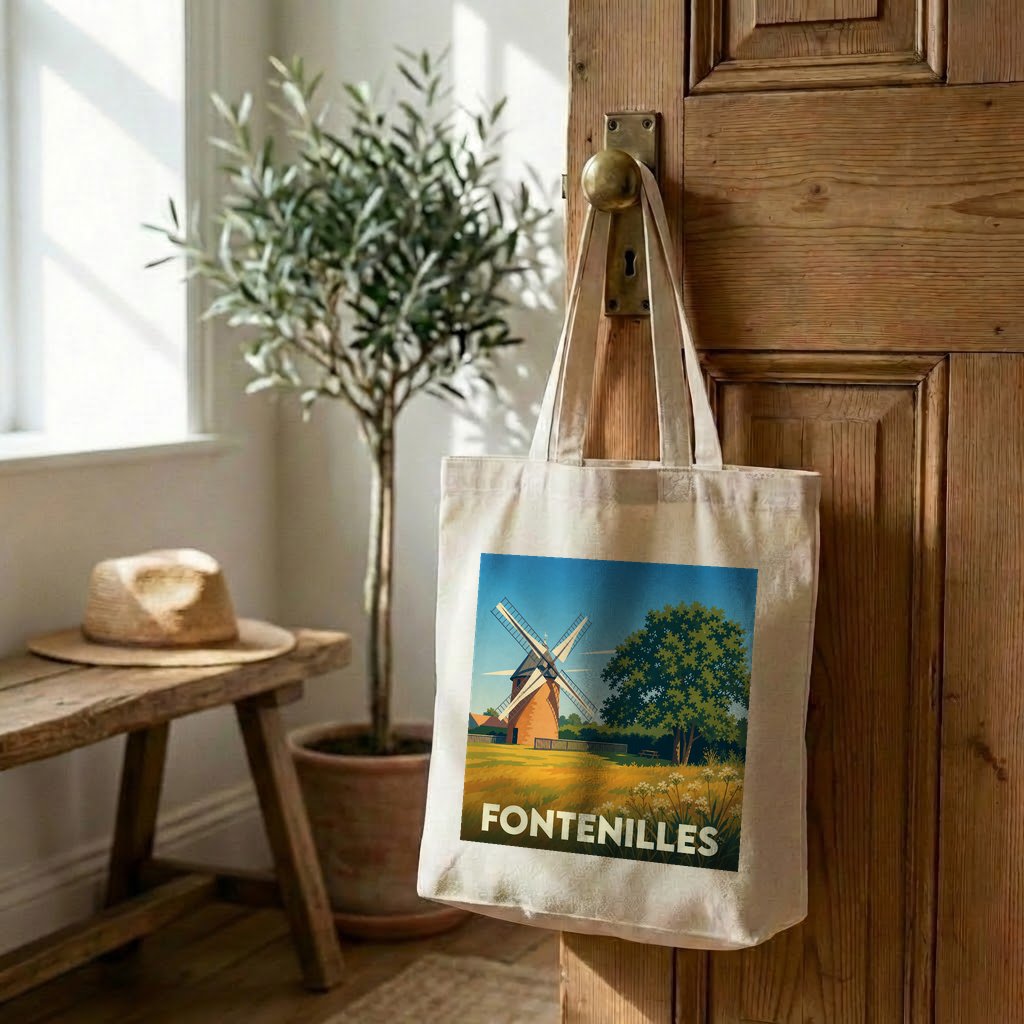 Tote bag souvenir de la ville de Fontenilles avec une illustration stylisée d'un moulin.