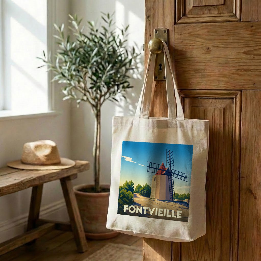 Tote bag souvenir de la ville de Fontvieille orné d'une illustration stylisée de son célèbre moulin.