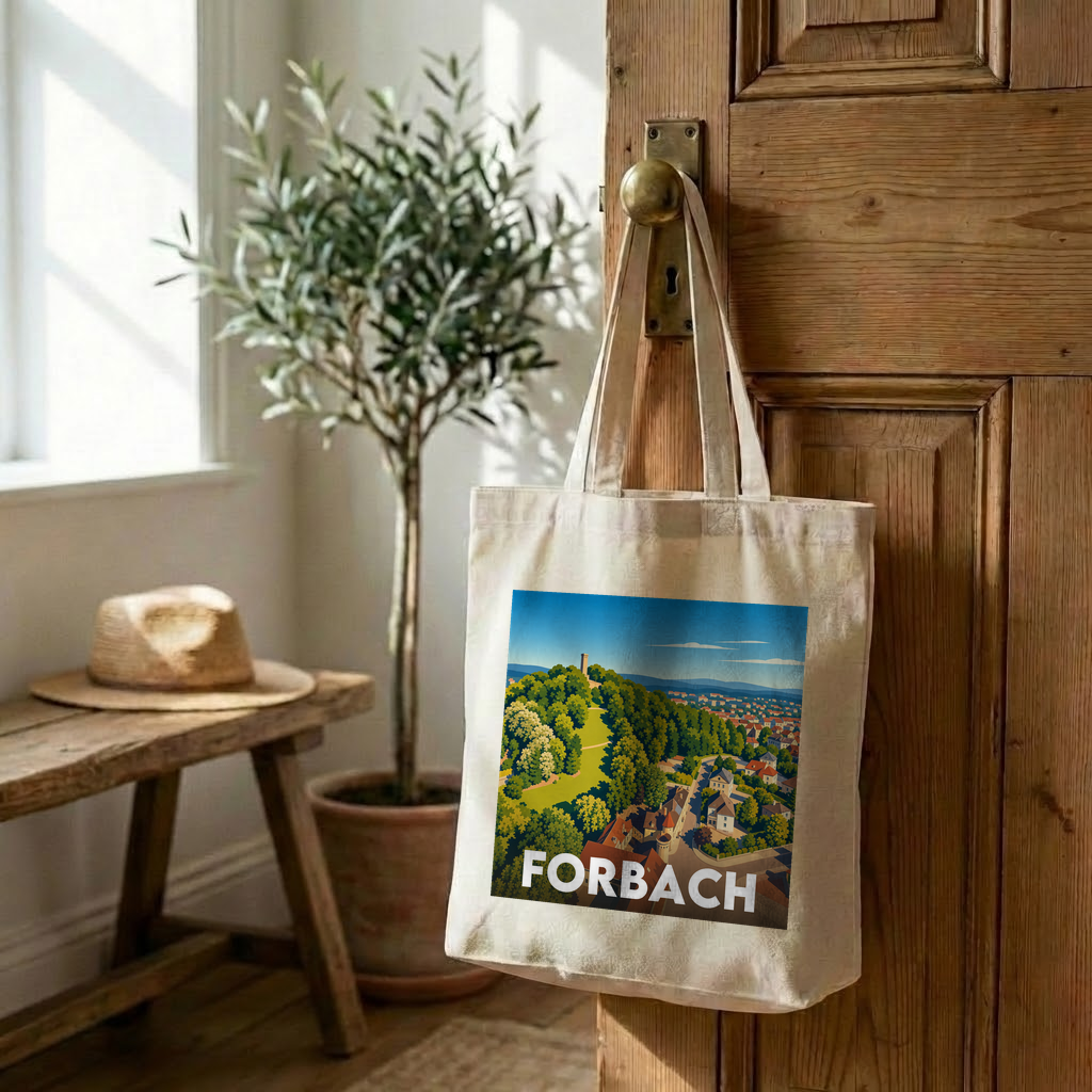 Tote bag souvenir de la ville de Forbach avec une illustration stylisée.