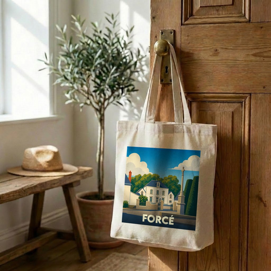 Tote bag souvenir de la ville de Forcé avec une illustration stylisée.