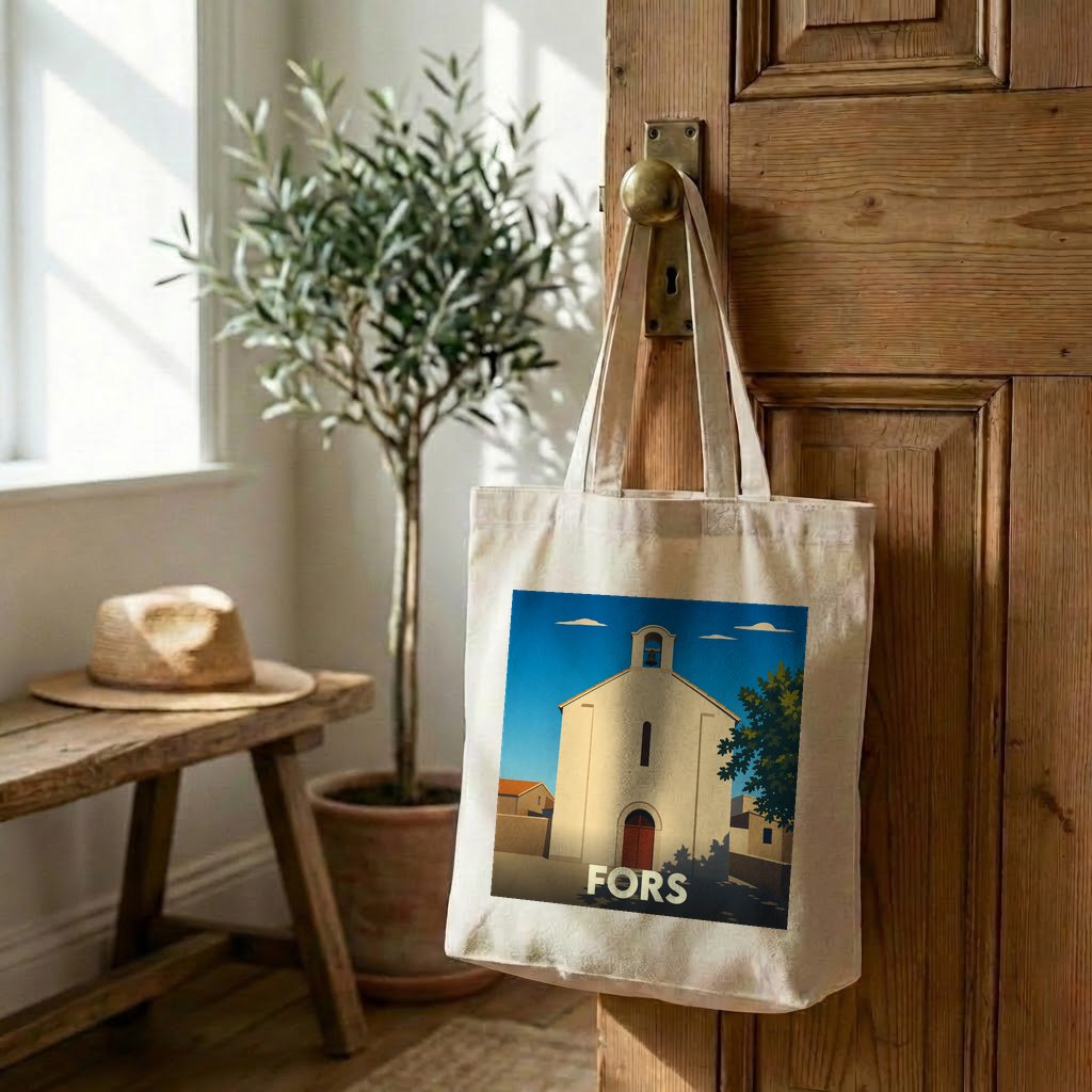 Tote bag souvenir de la ville de Fors avec une illustration stylisée de son église.