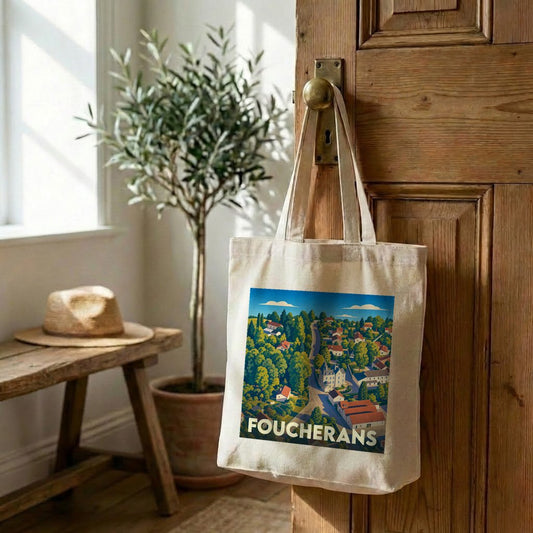 Tote bag souvenir de la ville de Foucherans avec une illustration stylisée.