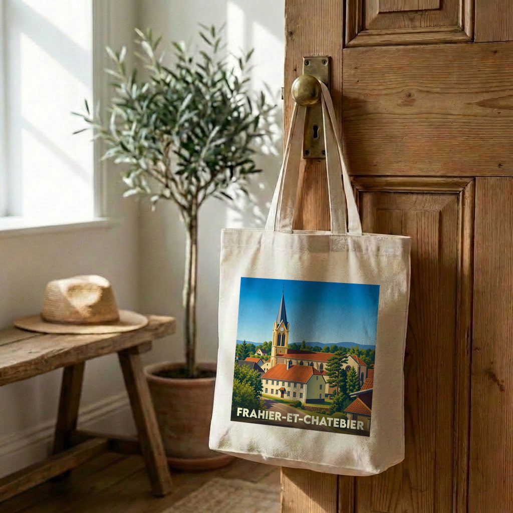 Tote bag souvenir de la ville de Frahier-et-Chatebier avec une illustration stylisée.