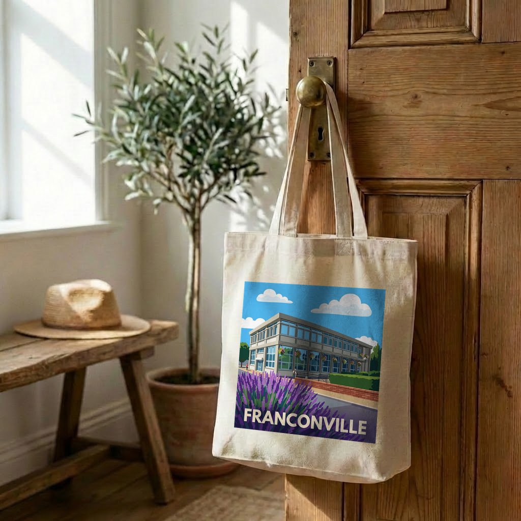 Tote bag souvenir de la ville de Franconville avec une illustration stylisée.