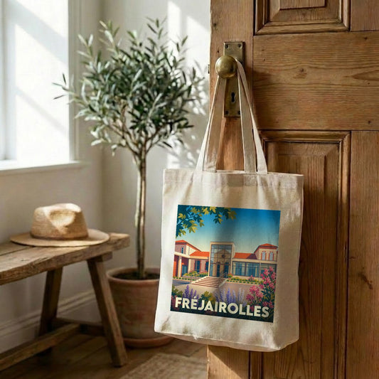 Sac cabas en toile souvenir de la ville de Fréjairolles avec une illustration colorée et stylisée.