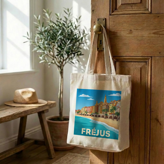 Tote bag souvenir de la ville de Fréjus avec une illustration stylisée.