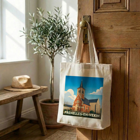 Tote bag souvenir de la ville de Frenelles-en-Vexin avec une illustration stylisée d'église.