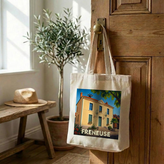 Tote bag souvenir de la ville de Freneuse avec une illustration stylisée d'une maison de ville.