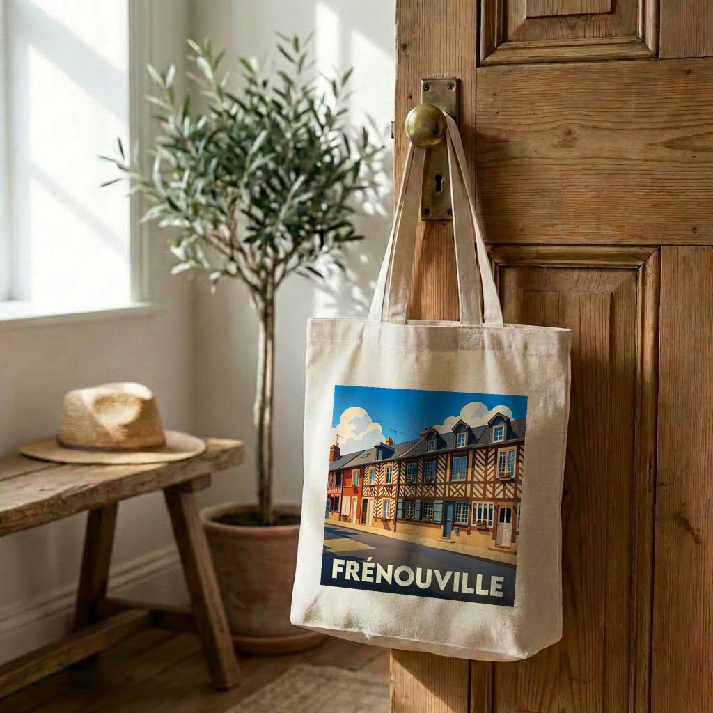 Tote bag souvenir de la ville de Frénouville avec une illustration stylisée de maisons à colombages.