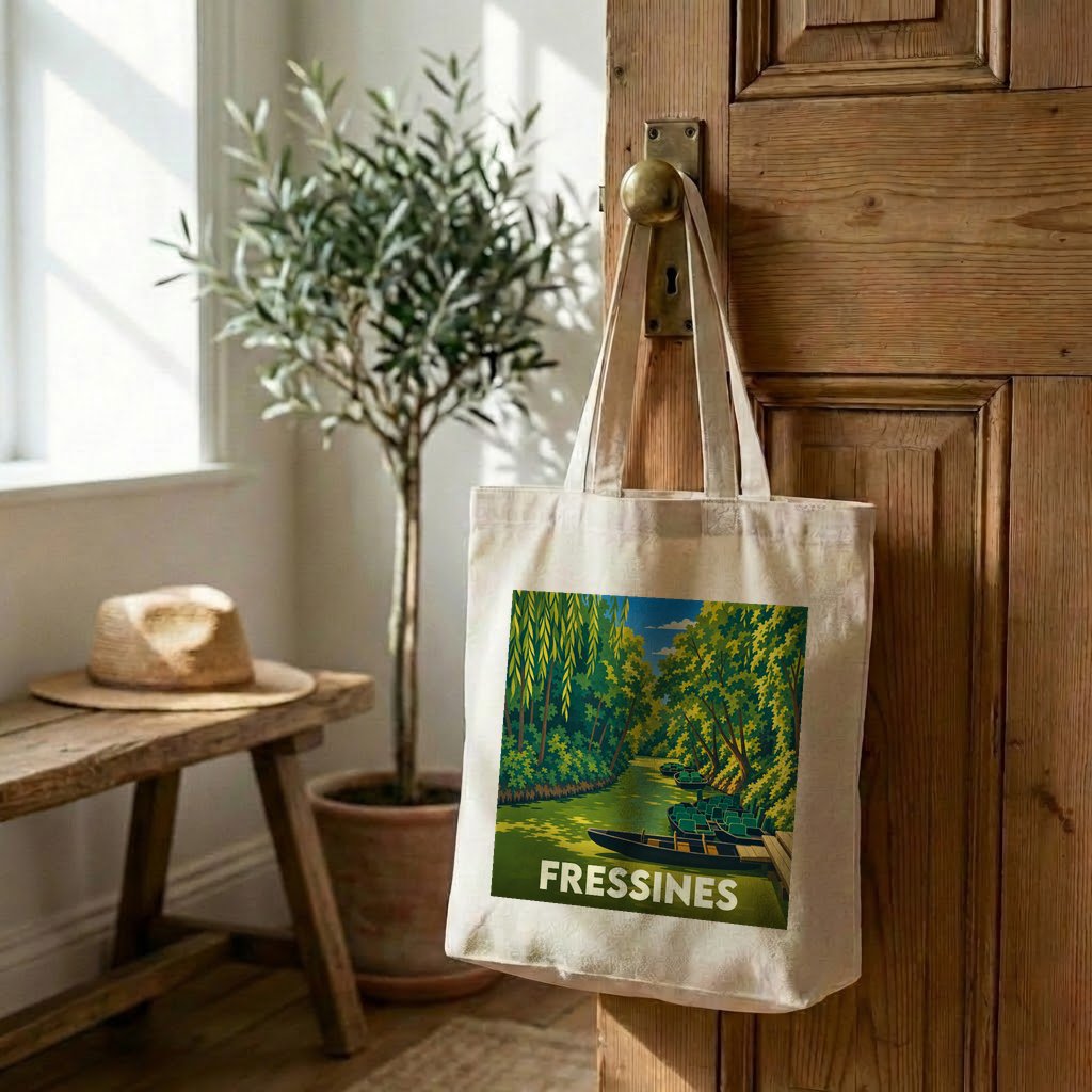 Tote bag souvenir de la ville de Fressines avec une illustration stylisée d'un cours d'eau boisé.