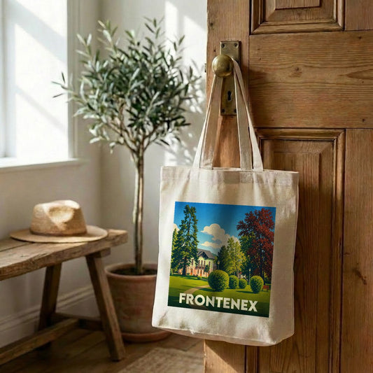 Tote bag souvenir de la ville de Frontenex avec une illustration stylisée d'un parc paysager.