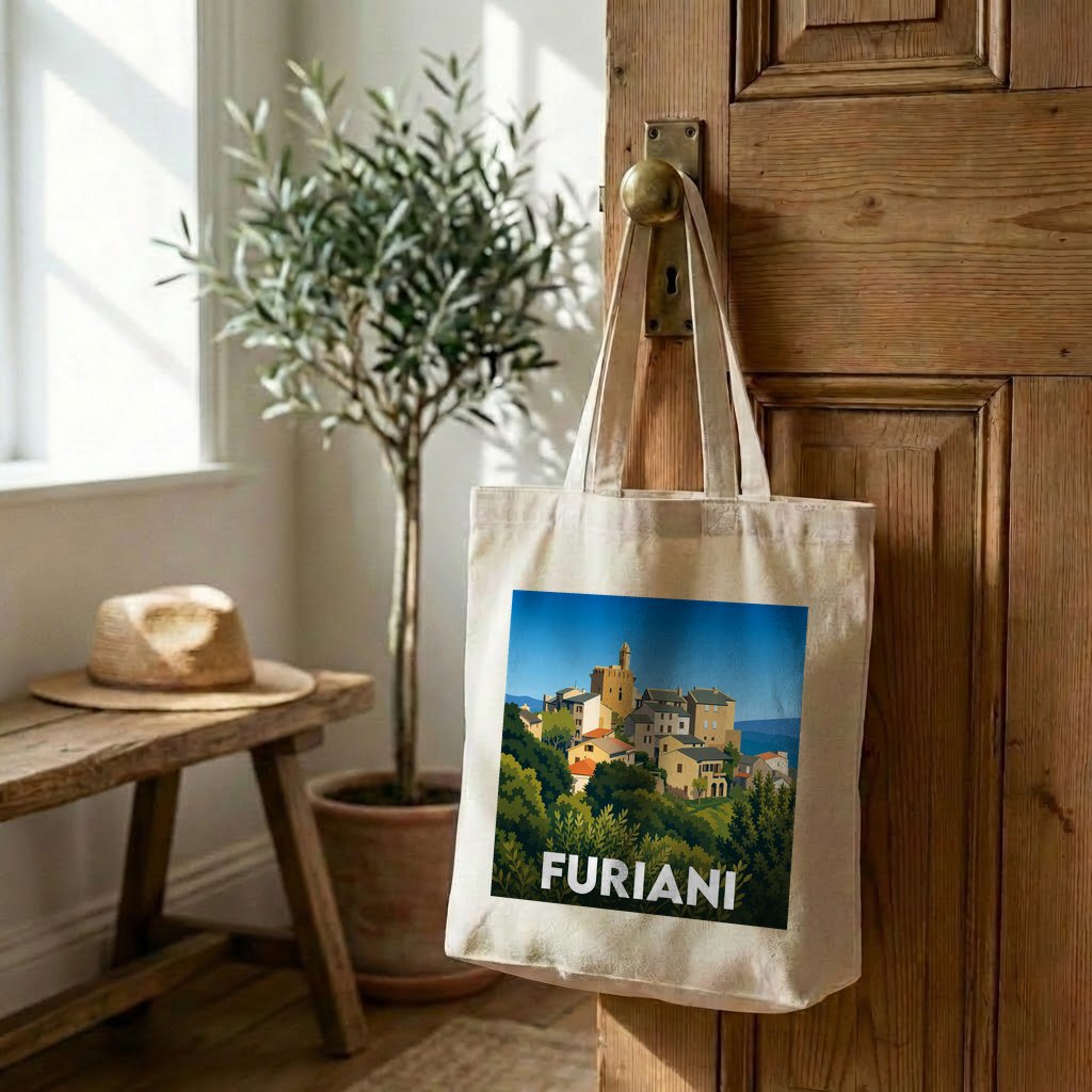 Tote bag souvenir de la ville de Furiani avec une illustration stylisée.