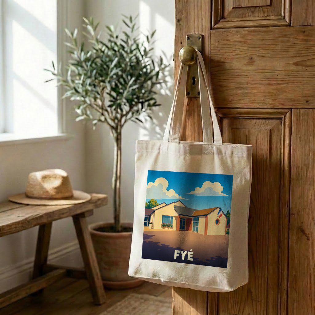 Tote bag souvenir de la ville de Fyé avec une illustration stylisée d'un bâtiment local.