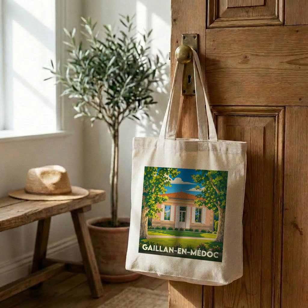 Tote bag souvenir de la ville de Gaillan-en-Médoc orné d'une illustration stylisée de maison médocaine.