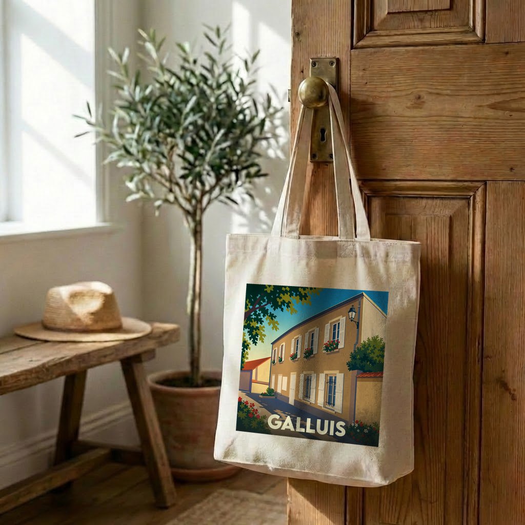 Tote bag souvenir de la ville de Galluis avec une illustration stylisée d'une maison ancienne.