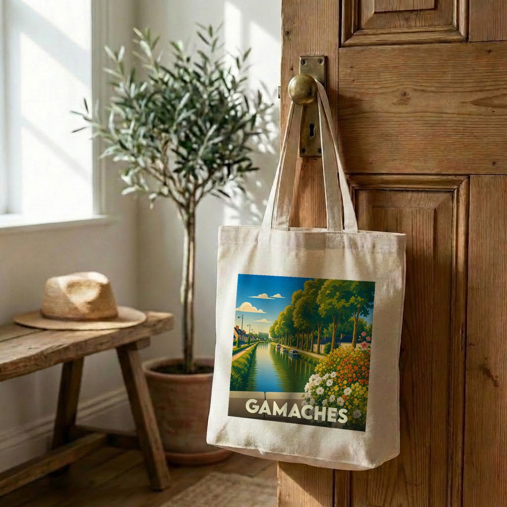 Tote bag souvenir de la ville de Gamaches avec une illustration stylisée d'un canal arboré.